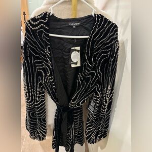 RETROFÊTE NWT Embellished belted velvet mini wrap dress